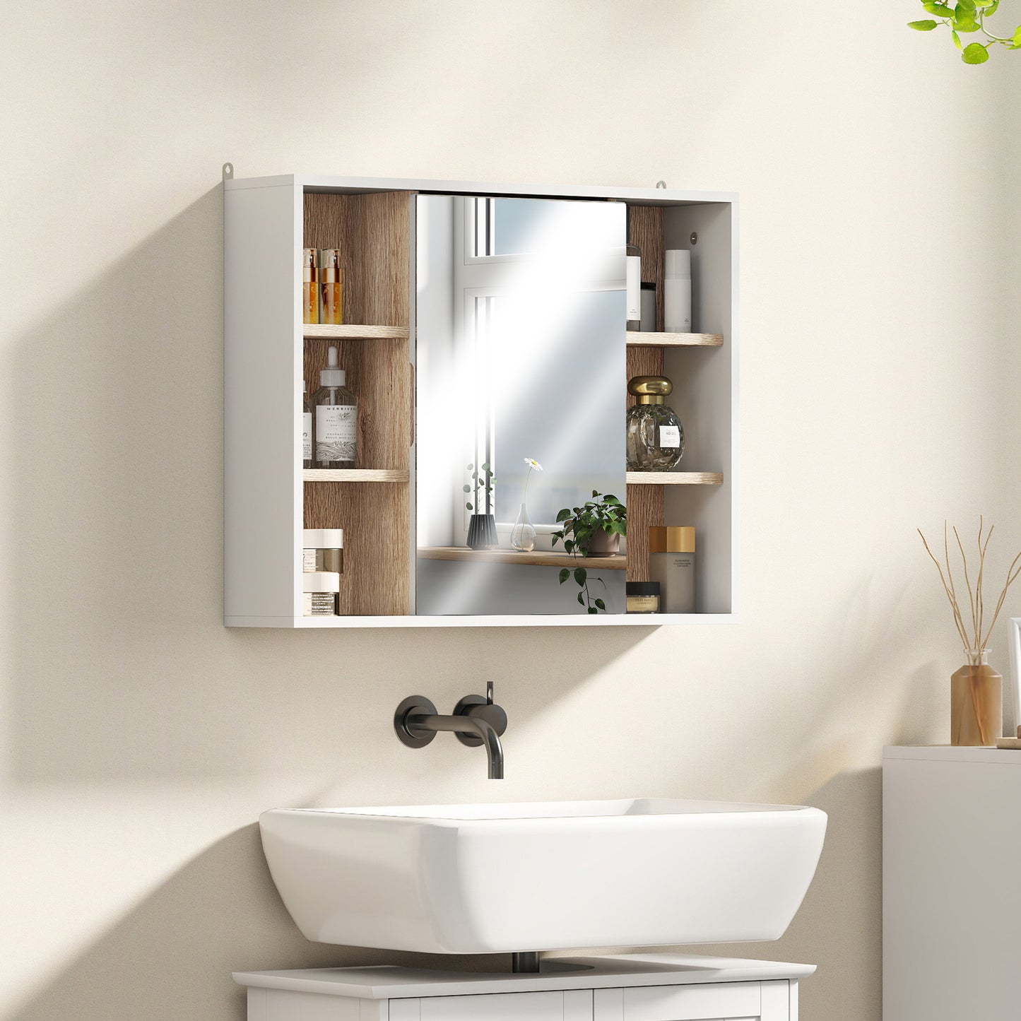 HOMCOM Bathroom Mirror Cabinet, Wall Mounted Storage Cabinet with Open Cupboard and Adjustable Shelf, White