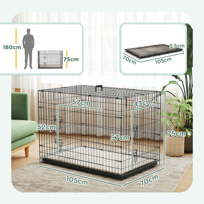 PawHut dog crate with front and side doors, tray, and interior dimensions shown