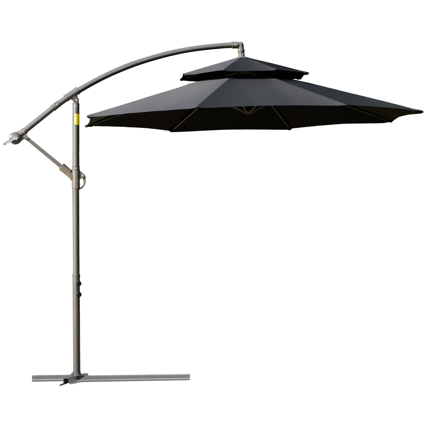 Photo of Outsunny 2.7m Banana Parasol Cantilever Umbrella with Crank Handle, Double Tier Canopy and Cross Base for Outdoor, Hanging Sun Shade, Black in Black colour on a white background