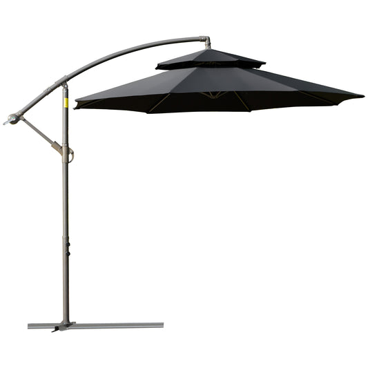 Photo of Outsunny 2.7m Banana Parasol Cantilever Umbrella with Crank Handle, Double Tier Canopy and Cross Base for Outdoor, Hanging Sun Shade, Black in Black colour on a white background