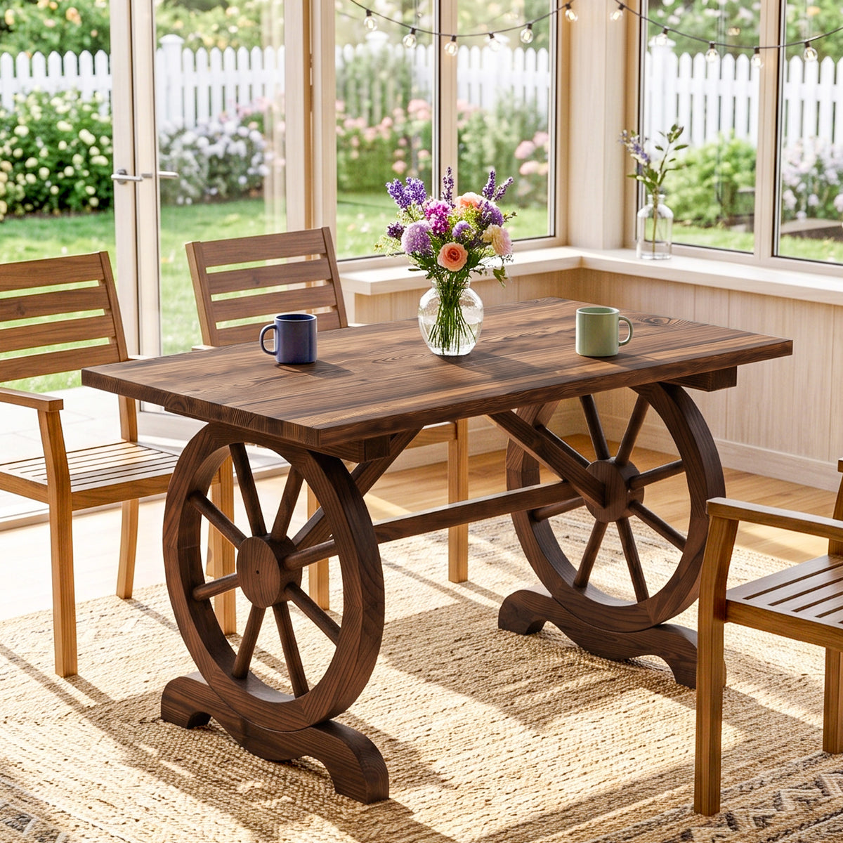 Outsunny wooden wagon wheel table shown indoors with a dark wood top