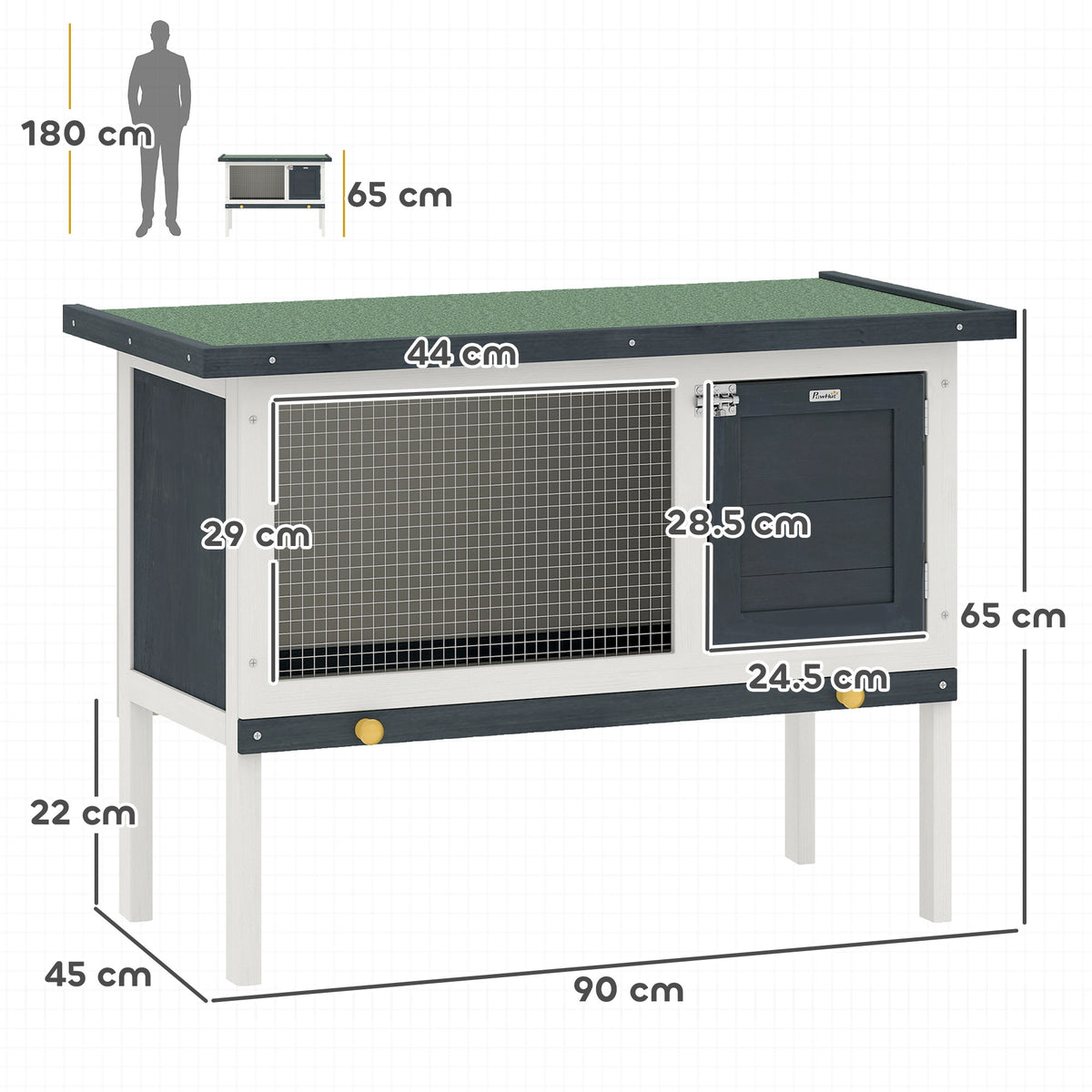PawHut rabbit hutch with dimension labels showing its 90 x 45 x 65 cm size