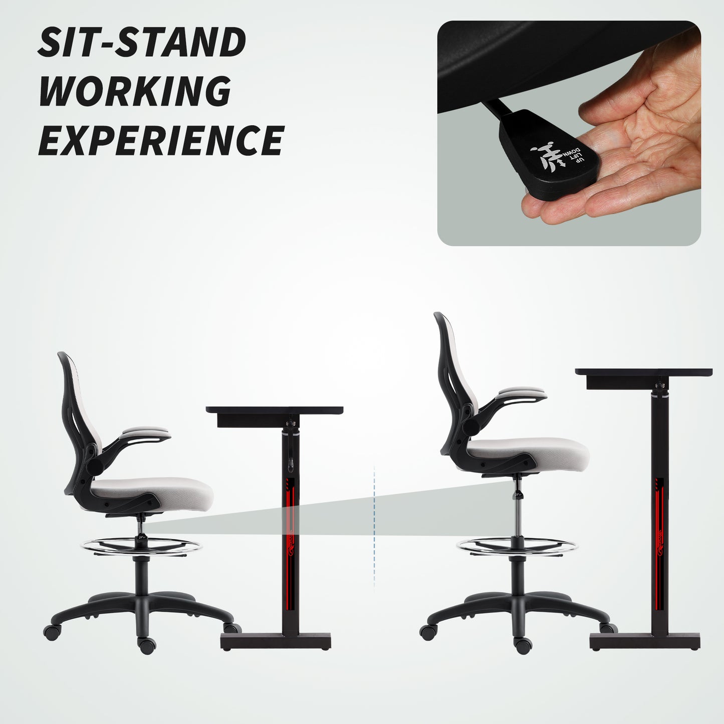 Vinsetto Adjustable Mesh Standing Desk Chair with Flip-up Armrests Lumbar Support Armrests Adjustable Footrest Ring Grey