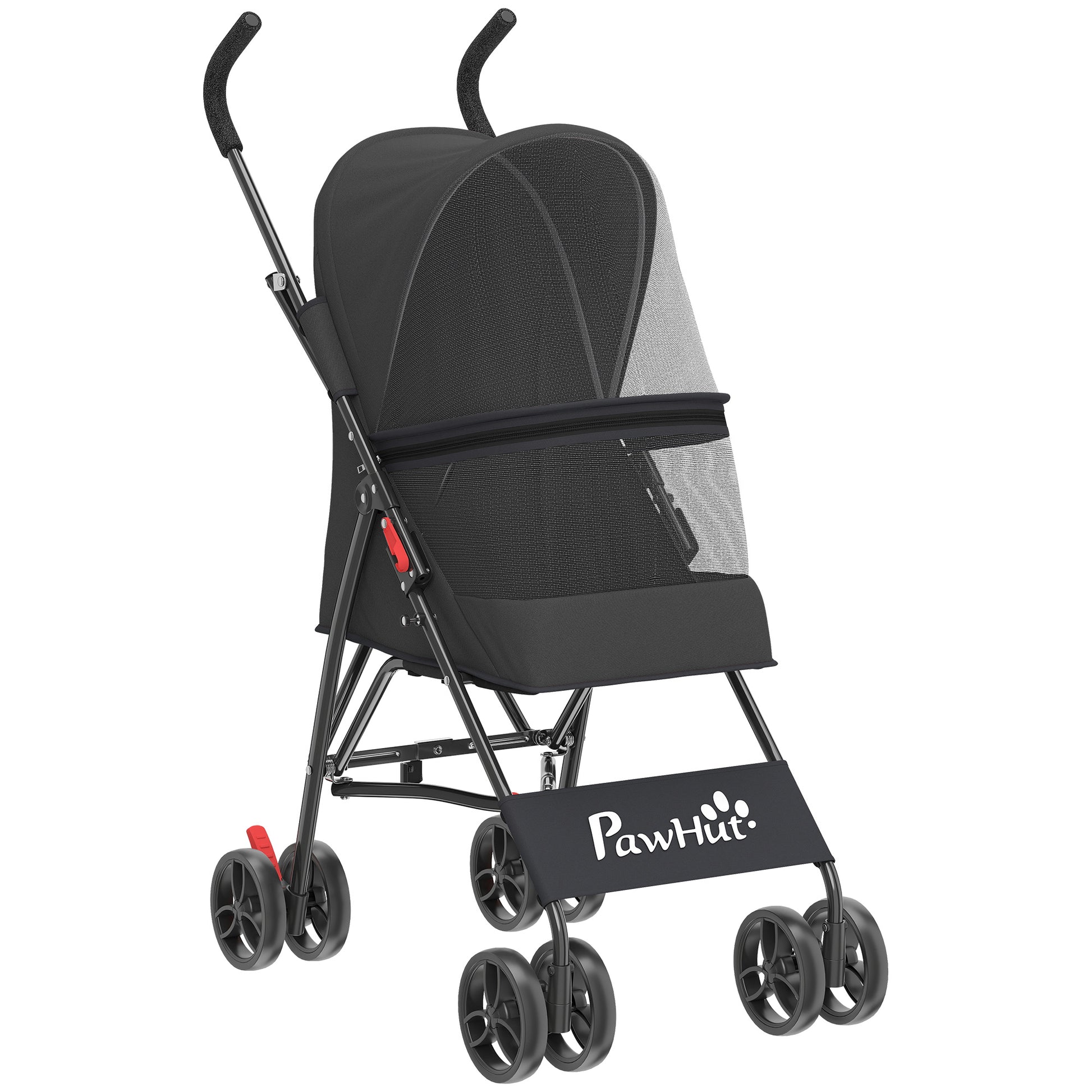 Photo of PawHut Dog Stroller, Foldable Cat Dog Pram for Miniature Breeds, Pet Stroller with Brake, Mesh Windows, Black in Black colour on a white background