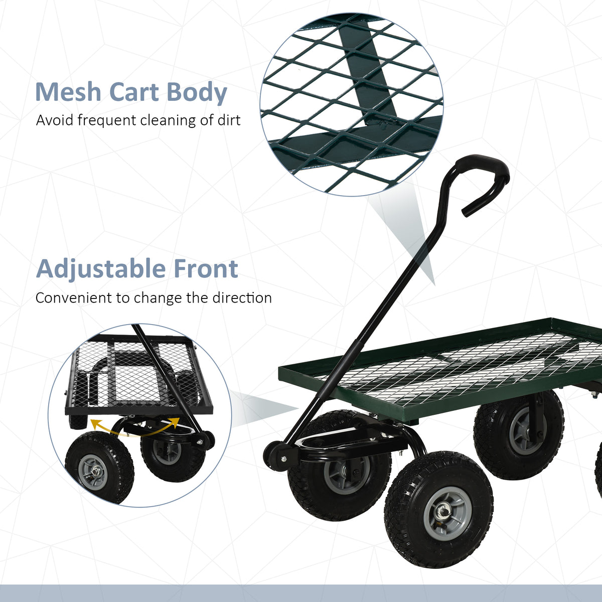 Green mesh garden trolley with a rotating front axle and four pneumatic wheels