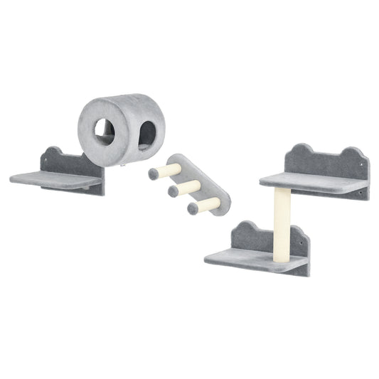 Photo of PawHut 4PCs Wall-Mounted Cat Tree, with Steps, Perch, Cat House - Grey in Grey colour on a white background