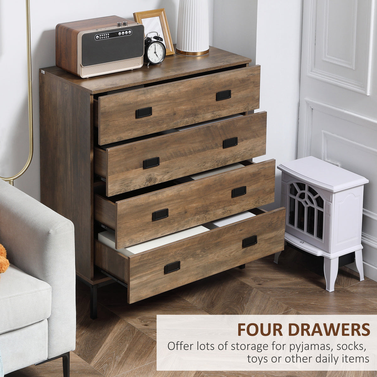 Brown four-drawer chest with drawers shown open for storage