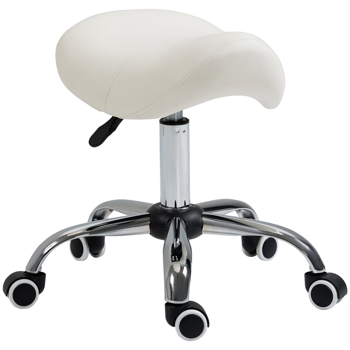 Photo of HOMCOM Cosmetic Stool 360° Rotate Height Adjustable Salon Massage Spa Chair Hydraulic Rolling Faux Leather Saddle Stool, Cream in Cream colour on a white background
