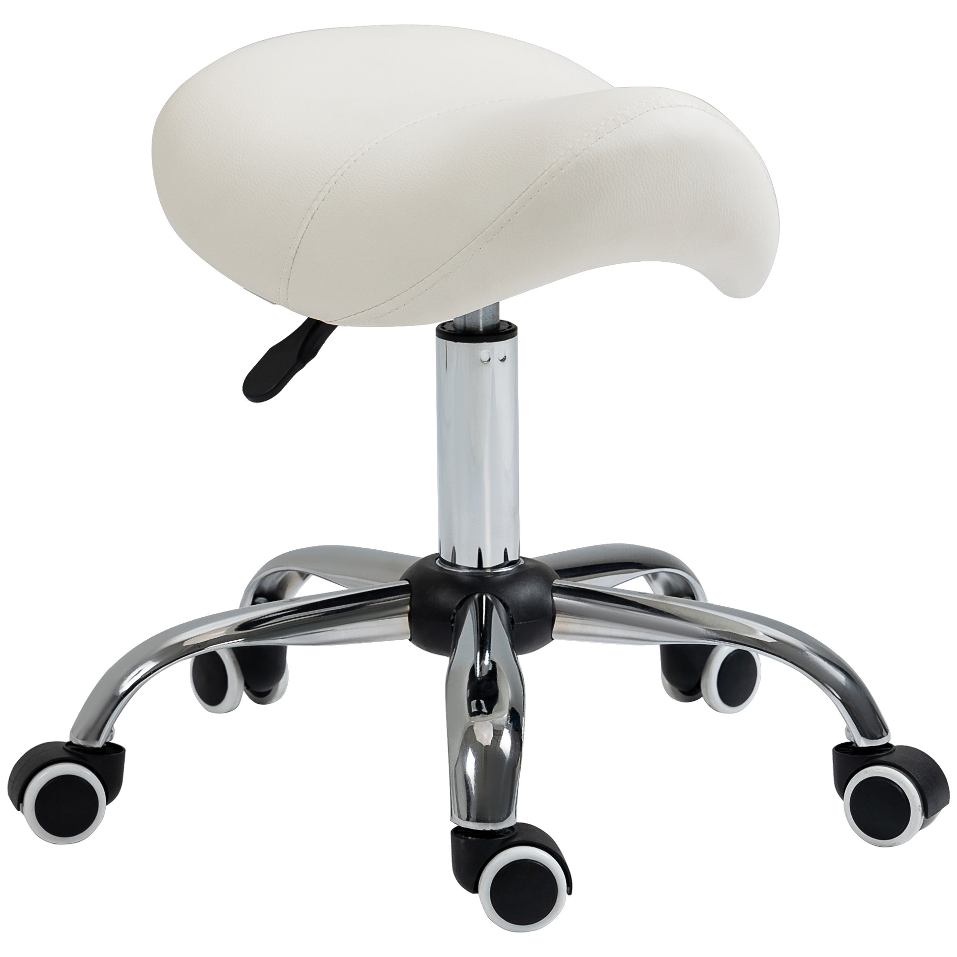 Photo of HOMCOM Cosmetic Stool 360° Rotate Height Adjustable Salon Massage Spa Chair Hydraulic Rolling Faux Leather Saddle Stool, Cream in Cream colour on a white background