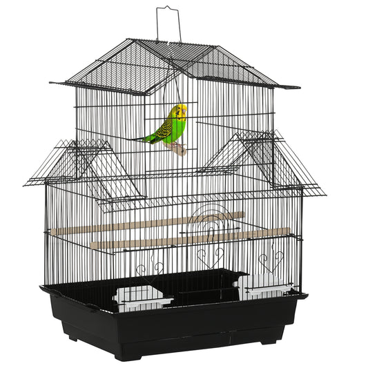 Photo of PawHut Metal Bird Cage with Plastic Swing Perch Food Container Tray Handle for Finch Canary Budgie 43.5 x 33 x 63 cm, Black in Black colour on a white background