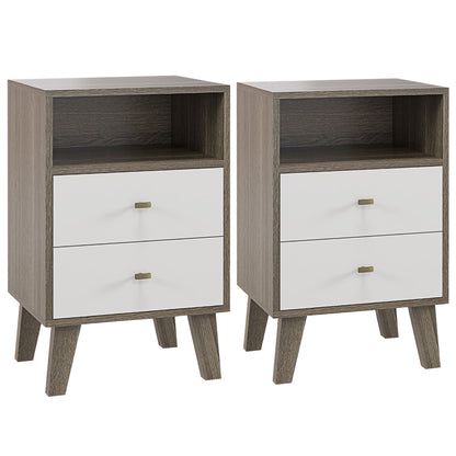 HOMCOM bedside table pair with dark wood finish, open shelf, two white drawers and tapered legs