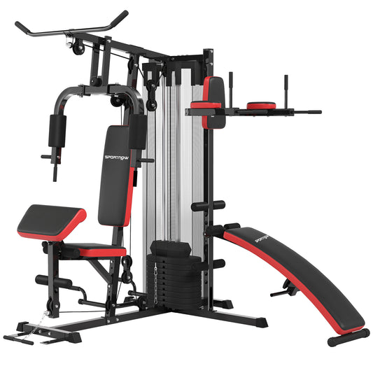 Photo of SPORTNOW Multi Gym Workout Station, Weight Machine with 65kg Weight Stack, Sit Up Bench, Push Up Stand, Dip Station in Station colour on a white background