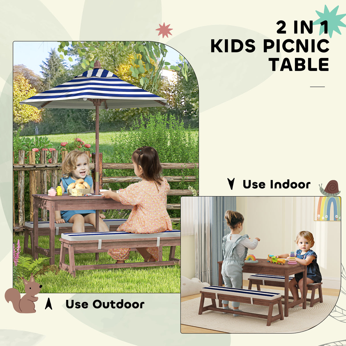 AIYAPLAY wooden kids picnic table and benches with umbrella for indoor or outdoor use