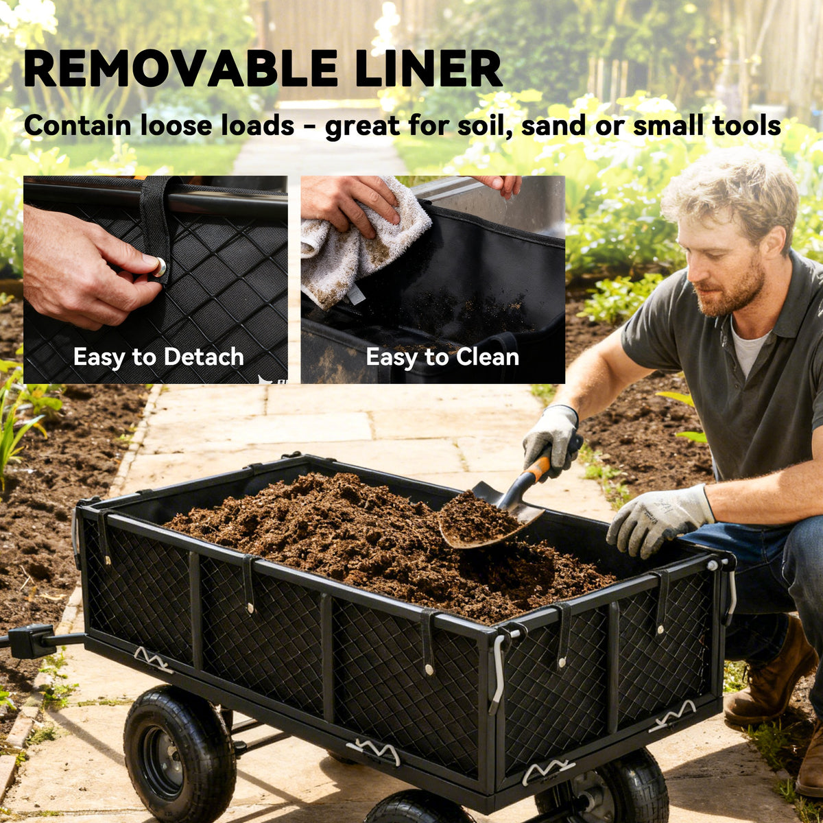 Outsunny garden cart with removable solid liner holding soil; mesh side panels and four wheels visible