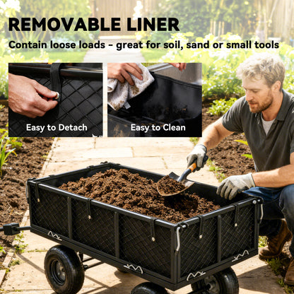 Outsunny garden cart with removable solid liner holding soil; mesh side panels and four wheels visible