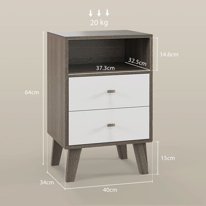 HOMCOM bedside table with open shelf, two drawers and tapered legs; dimensions shown