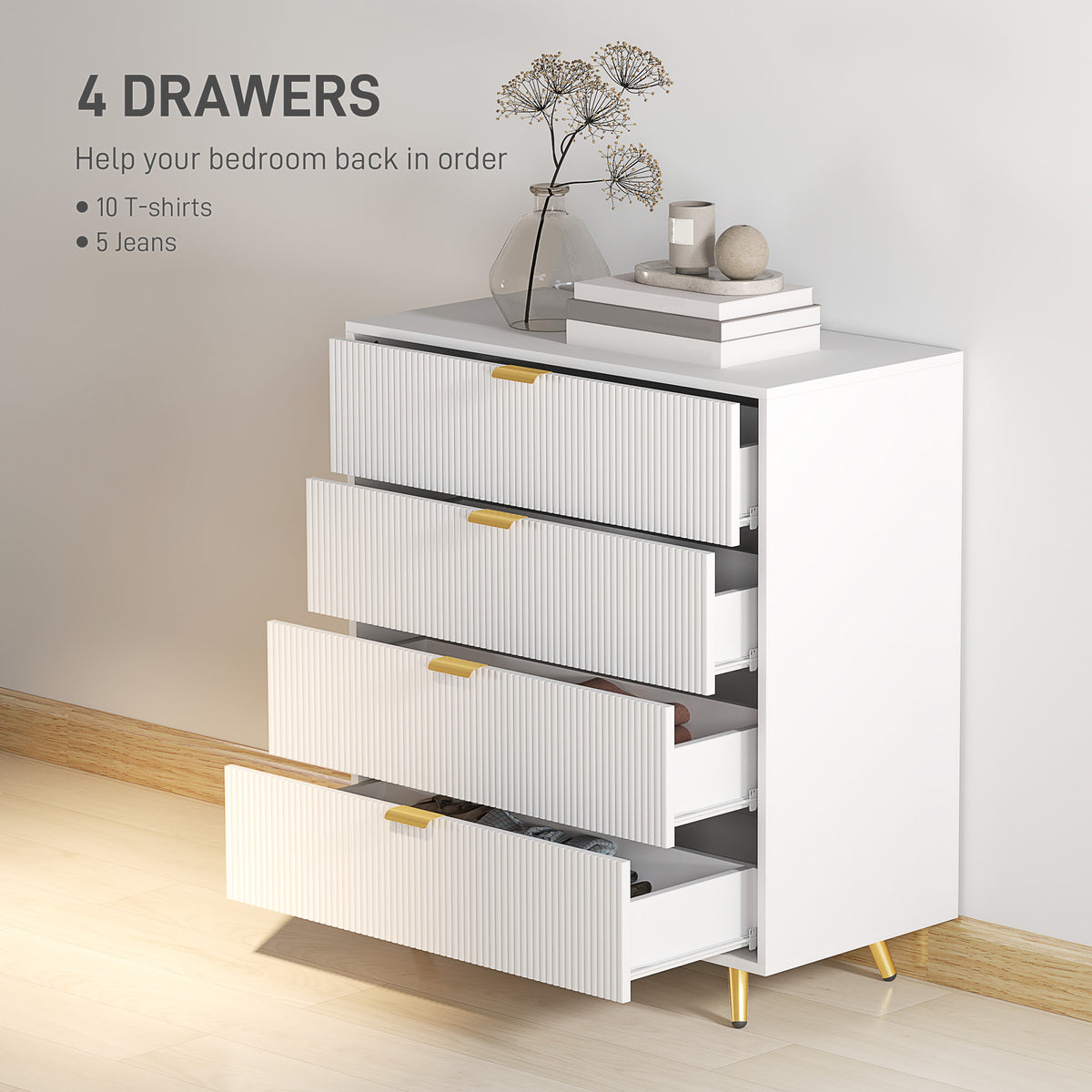 White four-drawer bedside table with drawers open to show storage space