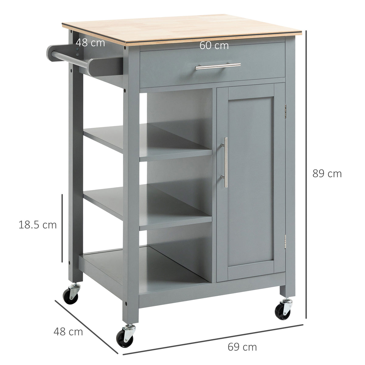 HOMCOM grey kitchen trolley with wood top, drawer, cabinet, open shelves and caster wheels; dimensions shown