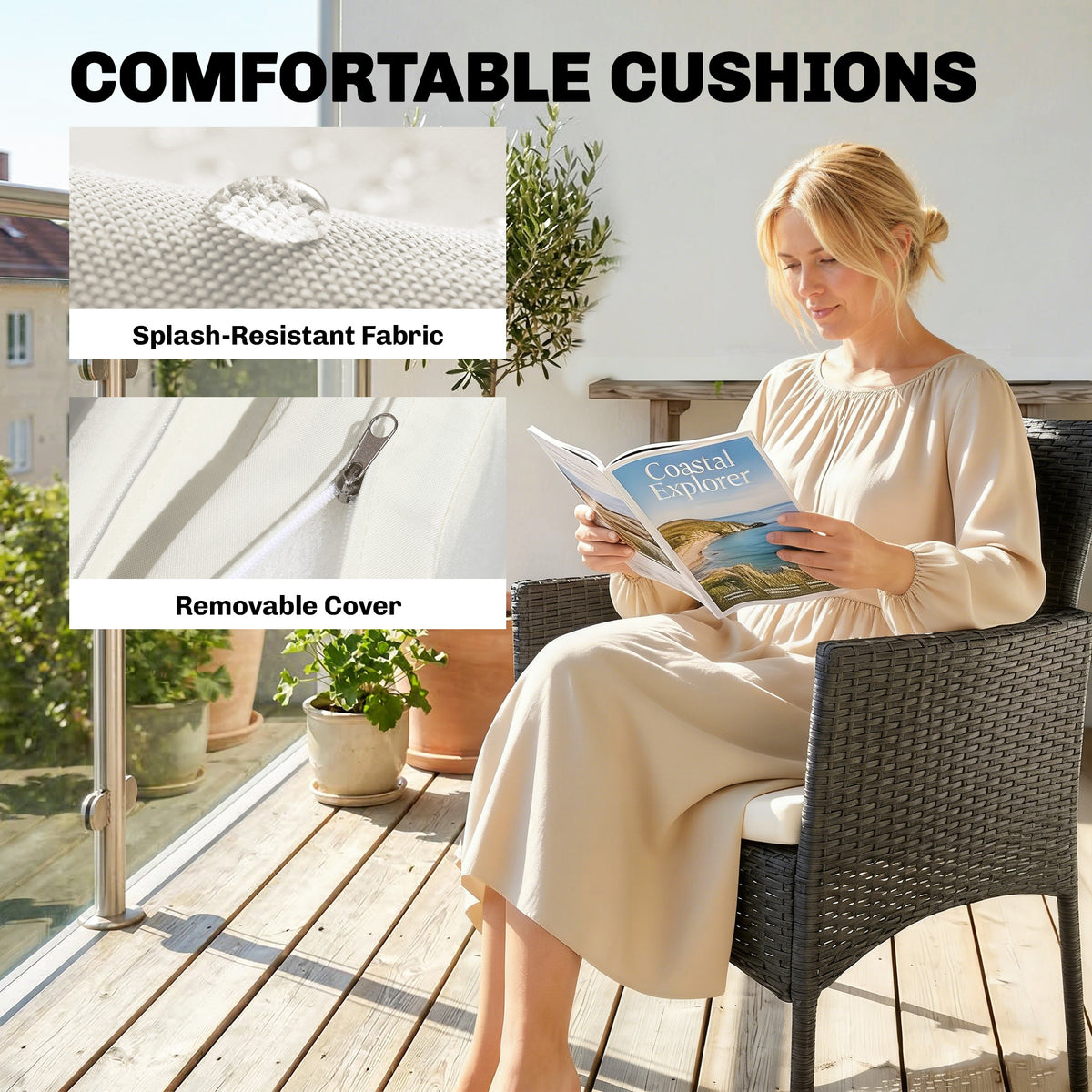 Outsunny 3 Piece Rattan Bistro Set, PE Wicker Garden Furniture Conversation Set with 2 Tier Glass-Top Table, Chairs, Cream White