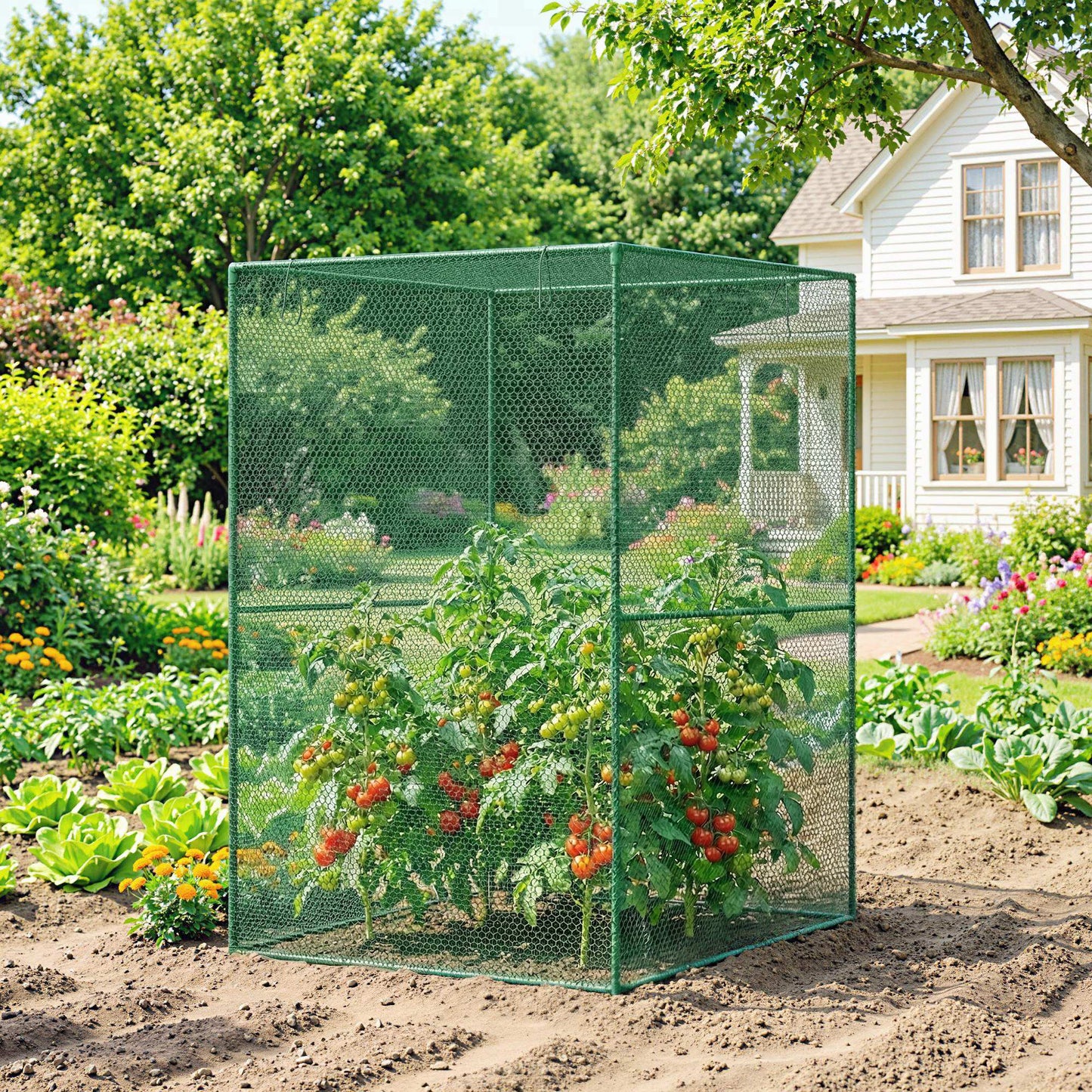 Outsunny 120 x 120cm Compact Plant Cage, with Netting - Green