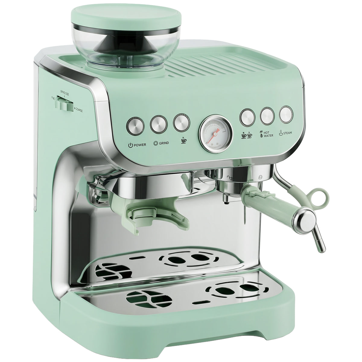 Photo of HOMCOM 15 Bar Coffee Machine, with Adjustable Grind, Steamer and Accessories - Light Green in Green colour on a white background