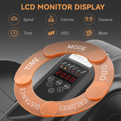 Elliptical exerciser LCD display showing speed, calories, distance, time, odometer and mode