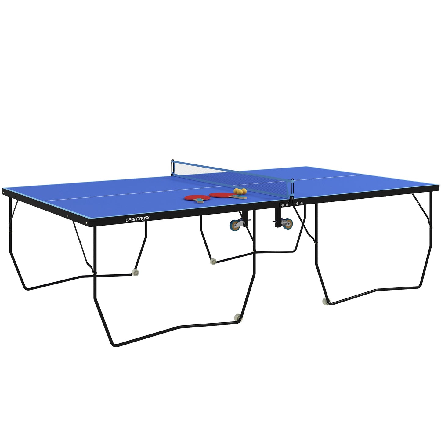 Photo of SPORTNOW 9FT Folding Tennis Table, with 8 Wheels, for Indoor Use, Blue in Blue colour on a white background
