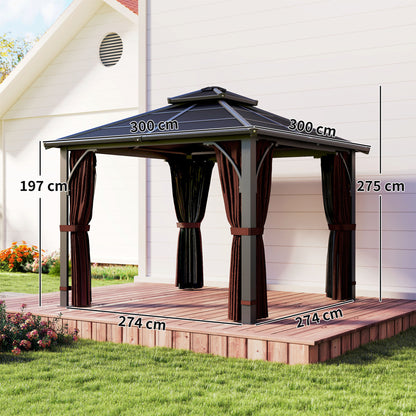 Outsunny 3 x 3 m hardtop gazebo with tied curtains and labeled dimensions