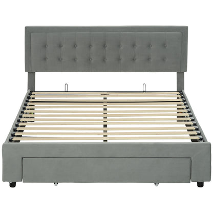 HOMCOM gray king-size ottoman bed frame with button-tufted headboard and front drawer