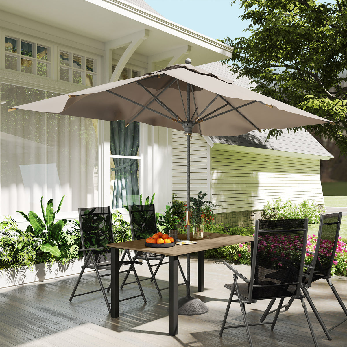 Outsunny brown garden dining table beneath an umbrella, with slatted metal top and steel legs