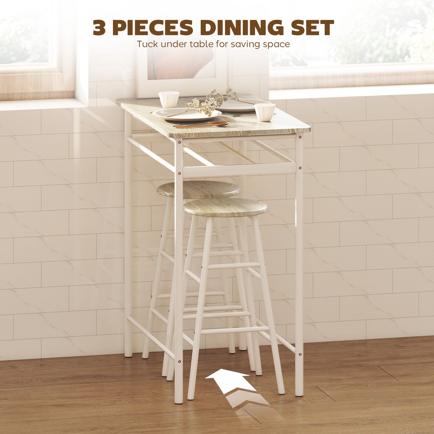 HOMCOM Bar Table Set, Bar Table and Stools Set, Footrest and Storage Shelf, for Kitchen, Dining Room, Pub, Cafe, White and Oak