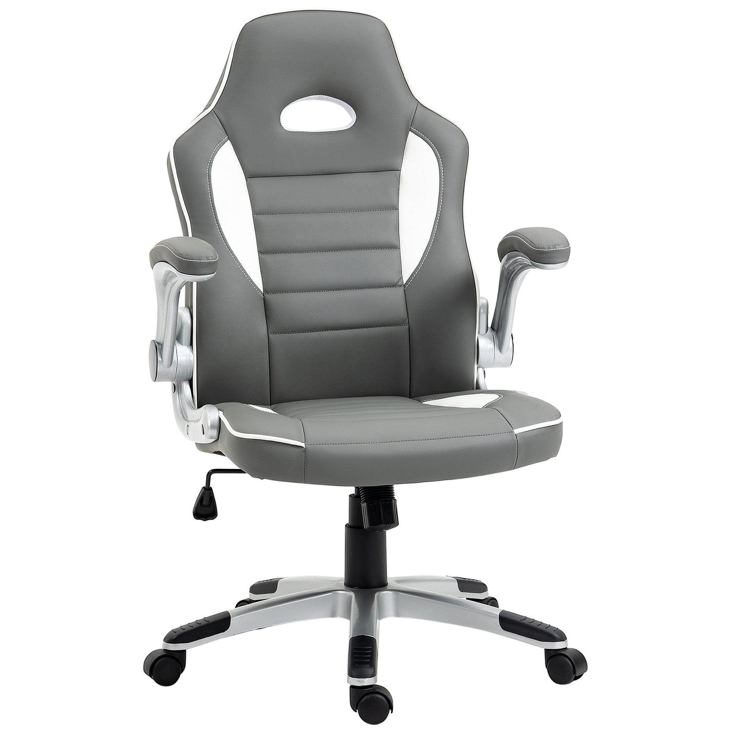 Photo of Vinsetto Computer Gaming Chair, Office Desk Swivel Chair, PU Leather Racing Chair with 90° Flip-up Armrest, Adjustable Height and Rolling Wheels, Grey in Grey colour on a white background