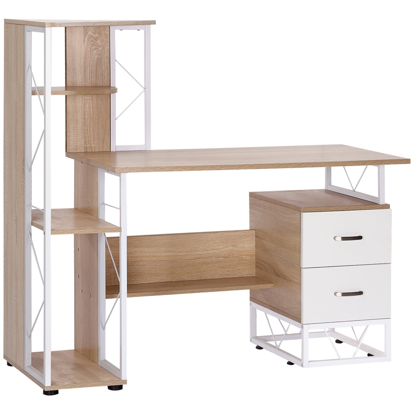 Photo of HOMCOM Computer Desk with Drawers and Bookshelf, Writing Desk for Home Office with Storage Shelves, Study Workstation, Oak in Oak colour on a white background