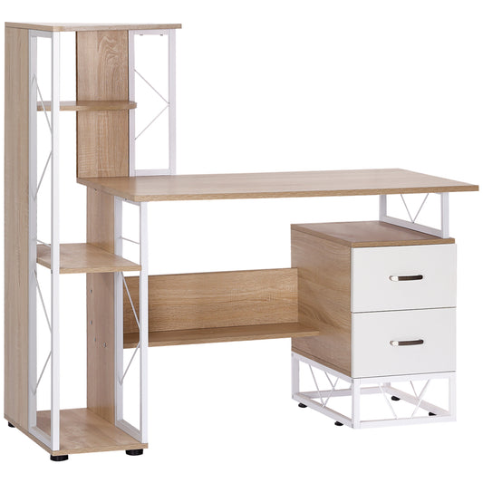 Photo of HOMCOM Computer Desk with Drawers and Bookshelf, Writing Desk for Home Office with Storage Shelves, Study Workstation, Oak in Oak colour on a white background