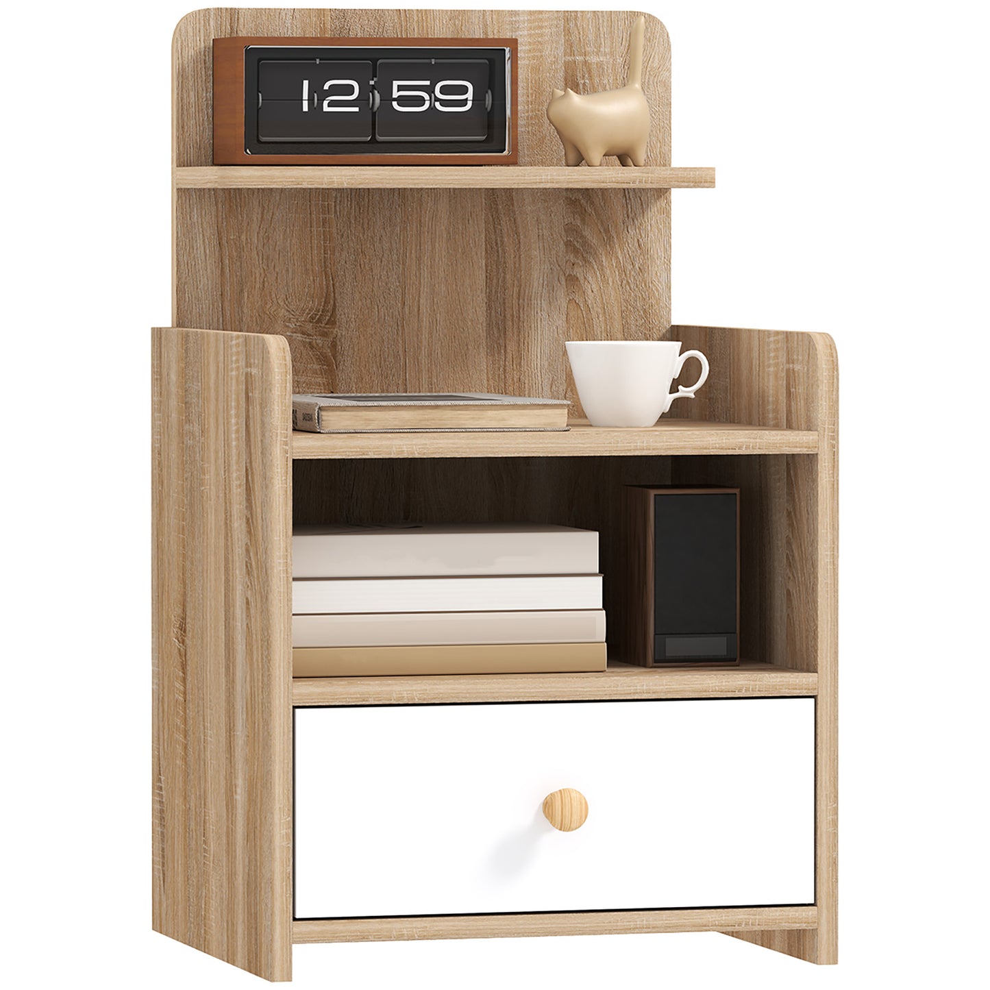 Photo of HOMCOM Multi-Storage Bedside Table - White/Wood-Effect in White/Wood-Effect colour on a white background