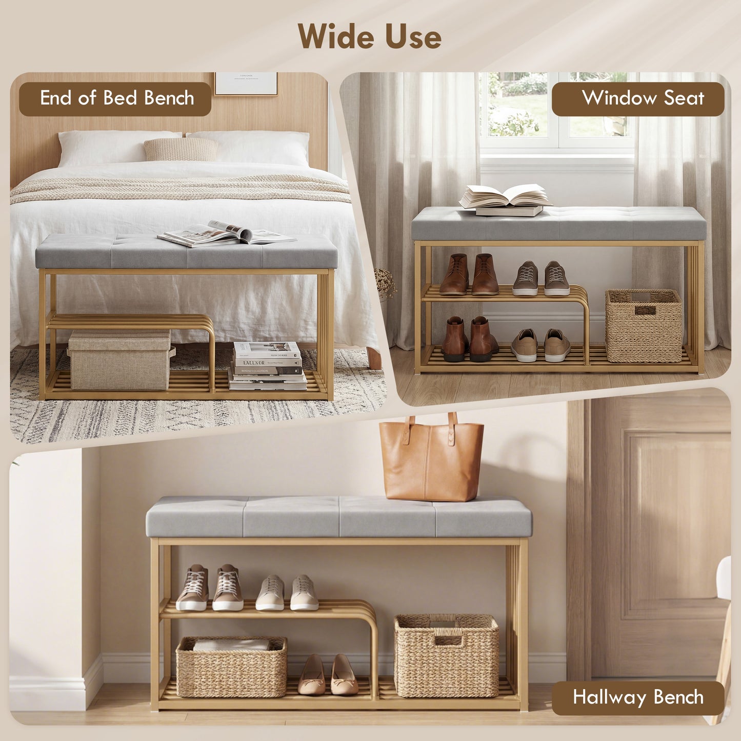 HOMCOM Bench and Shoe Storage, Tufted Shoe Storage Bench with Velvet Seat Cushion Gold Steel Frame for Entryway, Grey