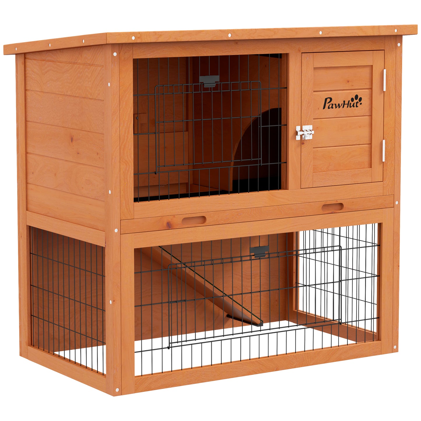 Photo of PawHut Two-Tier Antiseptic Wood Rabbit Hutch, 80cm Guinea Pig Hutch with Run - Orange in Orange colour on a white background