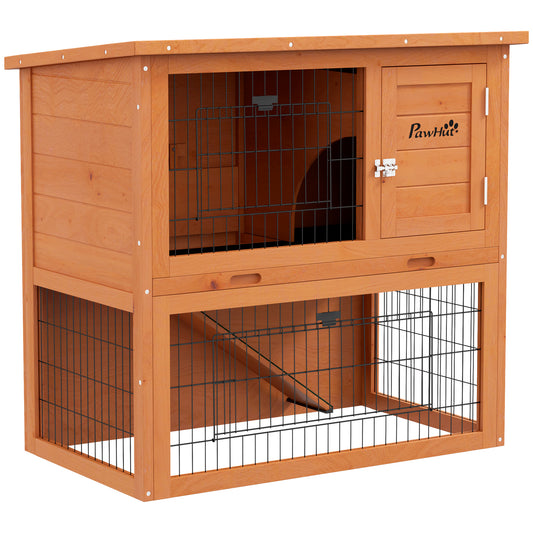 Photo of PawHut Two-Tier Antiseptic Wood Rabbit Hutch, 80cm Guinea Pig Hutch with Run - Orange in Orange colour on a white background