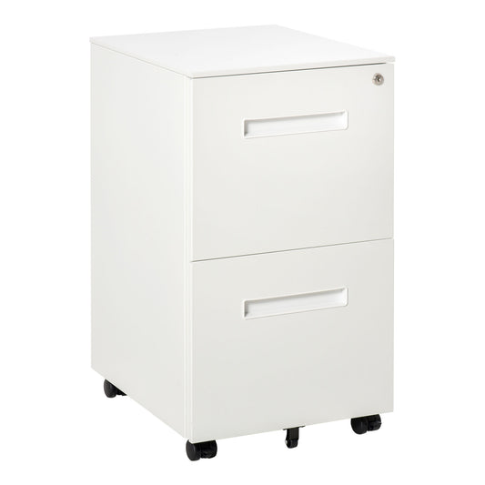 Photo of Vinsetto Metal Mobile File Cabinet with Wheels, Lockable 2 Drawer Filing Cabinet for A4, Legal, Letter, Compact Under Desk Storage Unit with Pre-Assembled Body for Home Office, 39 x 48 x 67cm, White in White colour on a white background