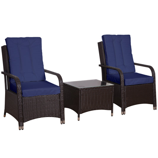 Photo of Outsunny 3 Pieces Rattan Bistro Set with Furniture Cover, Wicker Garden Furniture Set, Glass Top Coffee Table and Chairs with Cushions for Outdoor, Patio, Balcony, Dark Blue in Blue colour on a white background
