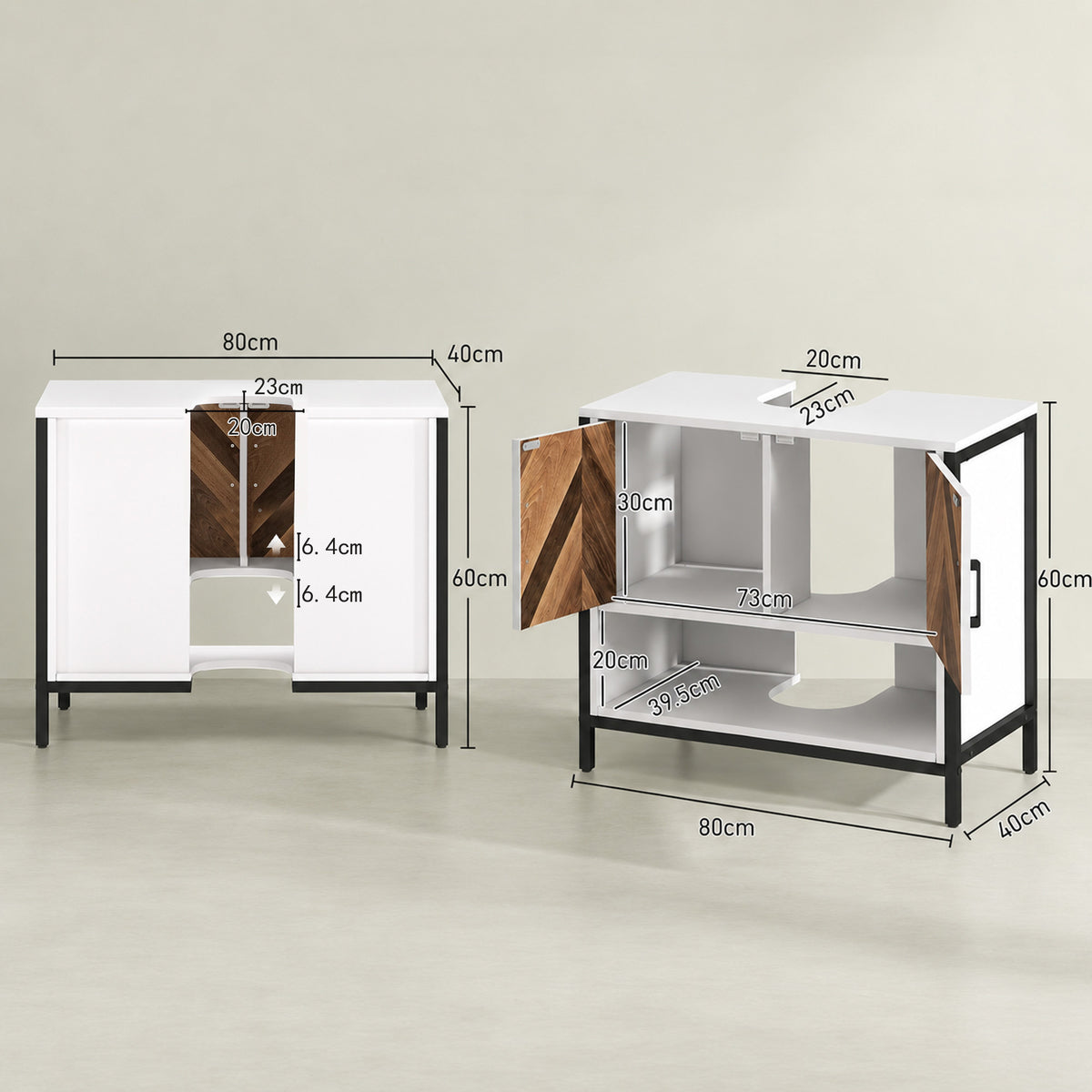 Under-sink cabinet shown with measurements and open doors revealing the basin cutout and shelves
