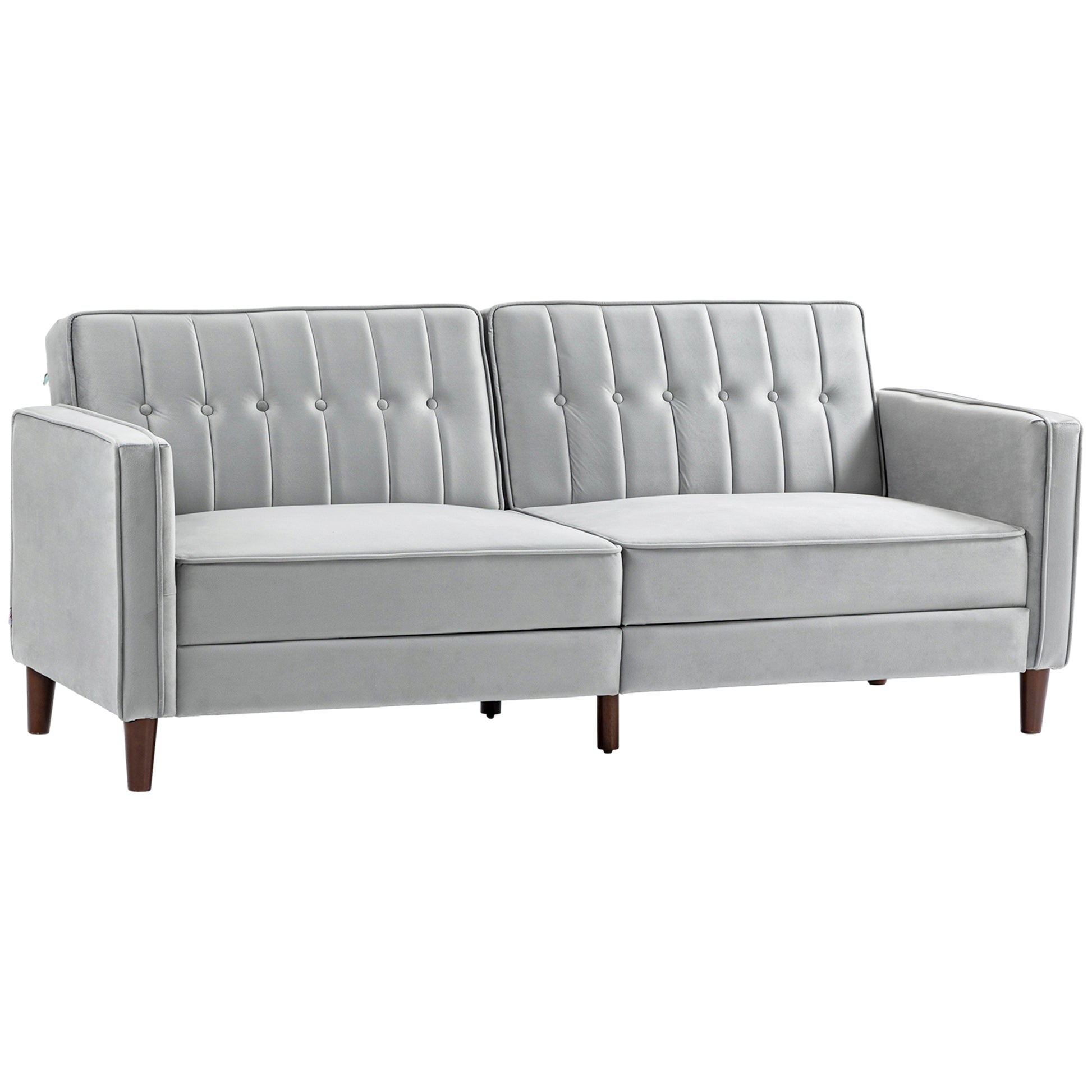 Photo of HOMCOM Modern Convertible Sofa Futon Velvet-Touch Tufted Couch with Adjustable Split Back, Light Grey in Grey colour on a white background