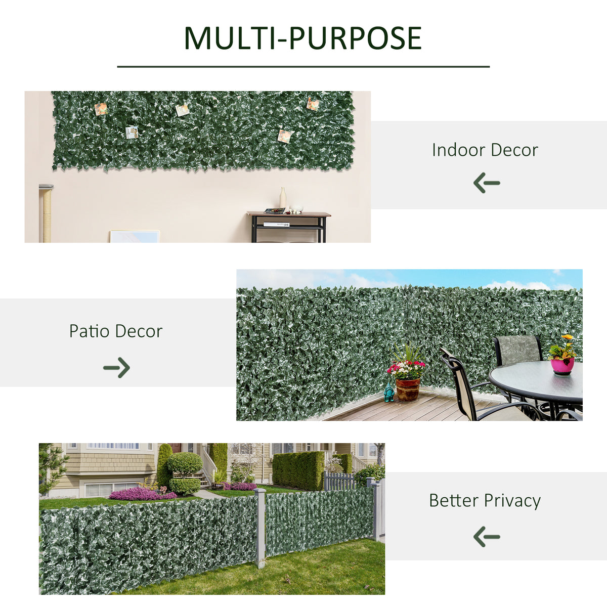 Outsunny artificial leaf hedge screen panel shown on indoor walls, patio fencing, and garden fences
