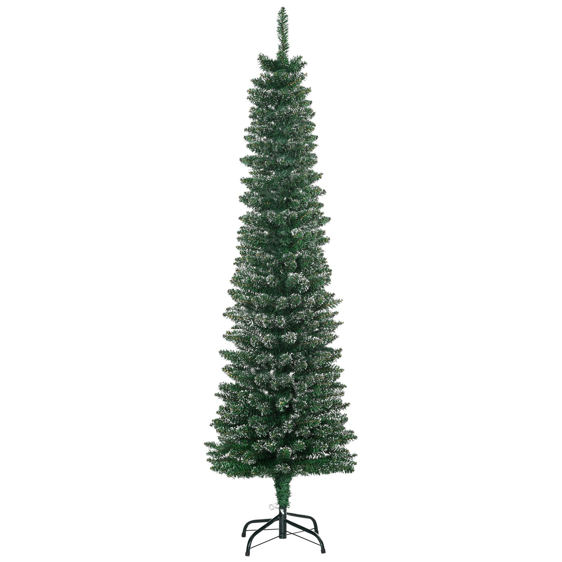Photo of HOMCOM 5.5FT Artificial Snow Dipped Christmas Tree Xmas Pencil Tree Holiday Home Indoor Decoration with Foldable Black Stand, Green in Green colour on a white background