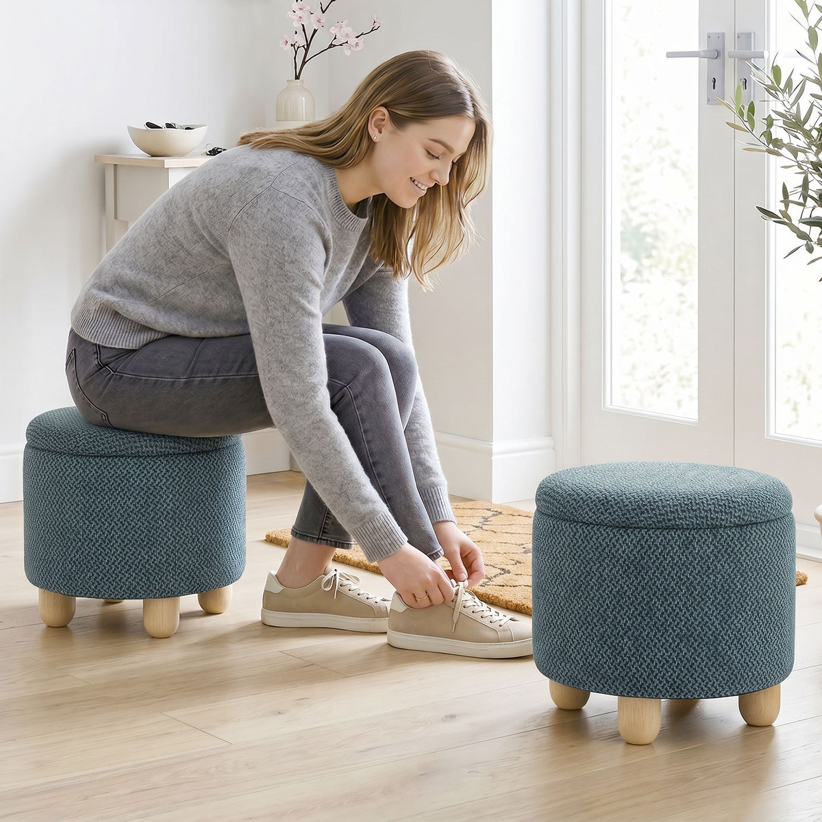 HOMCOM Storage Sitting Bench with Lid, Round Storage Ottoman with Rubberwood Legs, Dark Blue
