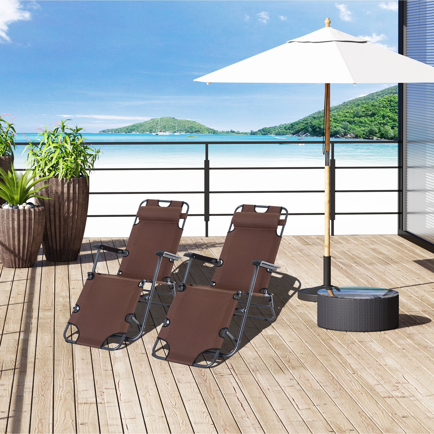 Outsunny 2 in 1 Folding Sun Lounger Reclining Garden Chair Set of 2 with 2-Level Adjustable Backrest, Outdoor Zero Gravity Recliner Garden Chairs with Head Pillow and Armrests, Brown