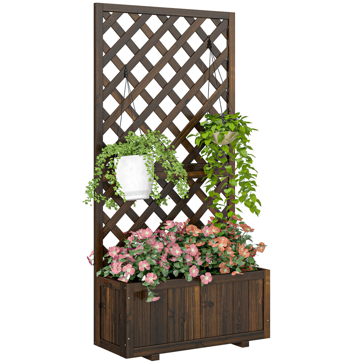 Outsunny dark wood raised planter with lattice trellis and hanging basket hooks