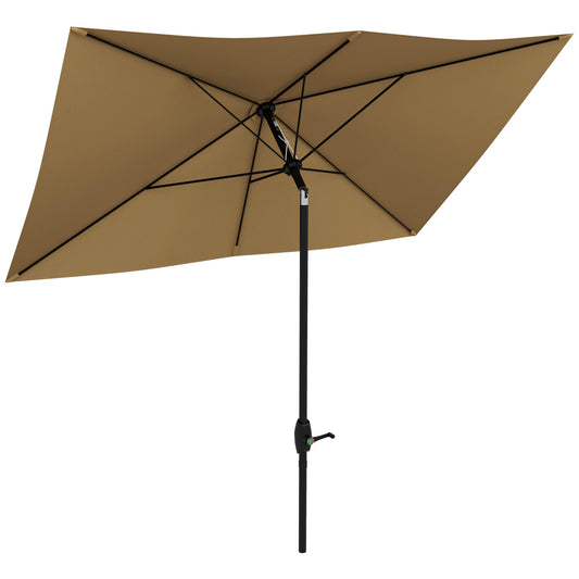 Photo of Outsunny 3 x 2 m Garden Parasol Umbrella with Aluminium Pole, UPF 50+ Rectangular Outdoor Table Parasol Sun Shade with Crank & Push Button Tilt, Metal Ribs, Brown in Brown colour on a white background