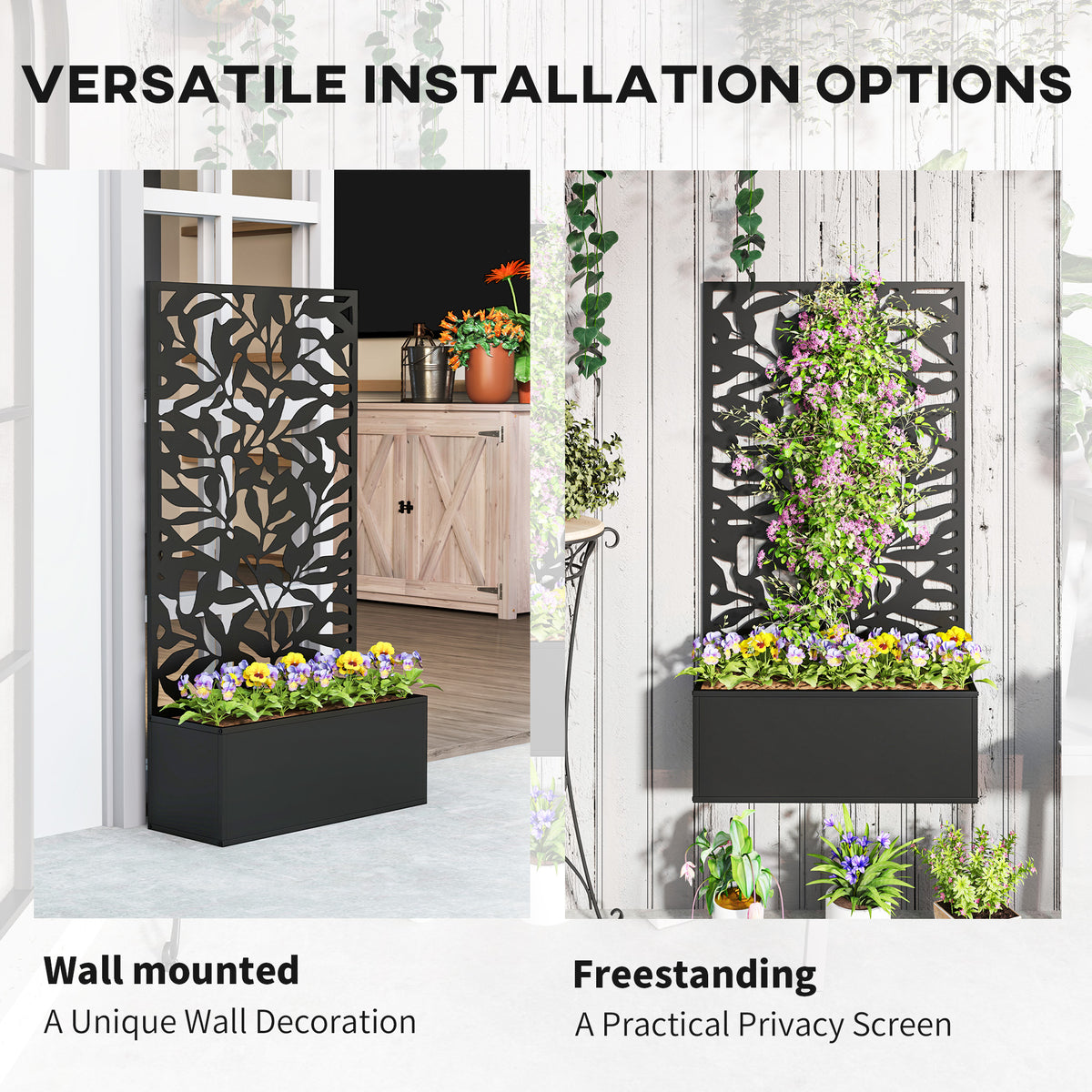 Raised planter with trellis shown in wall-mounted and freestanding setups