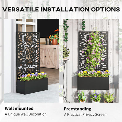 Raised planter with trellis shown in wall-mounted and freestanding setups